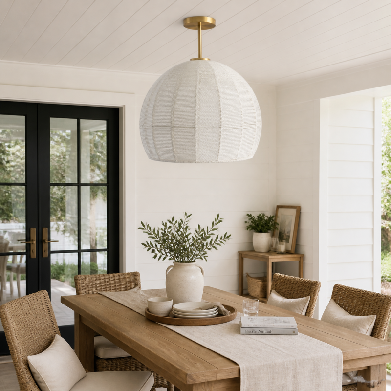 Dronor Ivory Woven Rope Globe Semi Flush Mount Light