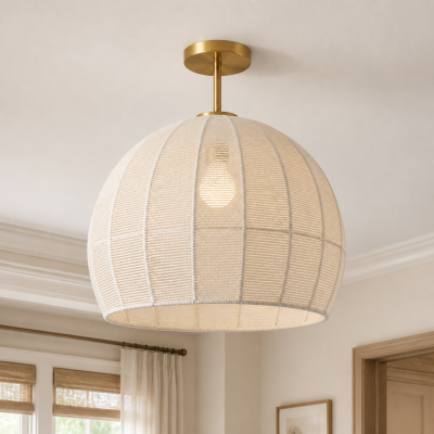 Dronor Ivory Woven Rope Globe Semi Flush Mount Light