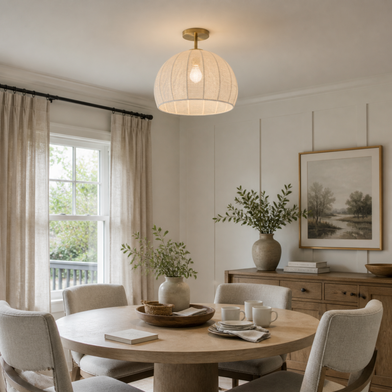 Dronor Ivory Woven Rope Globe Semi Flush Mount Light