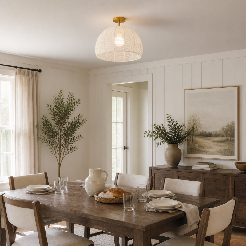 Dronor Ivory Woven Rope Globe Semi Flush Mount Light