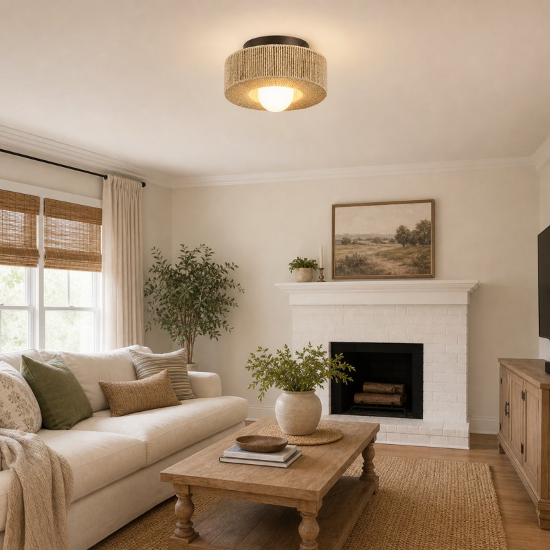 Lavan Rustic Hemp Rope Round Flush Mount Ceiling Light