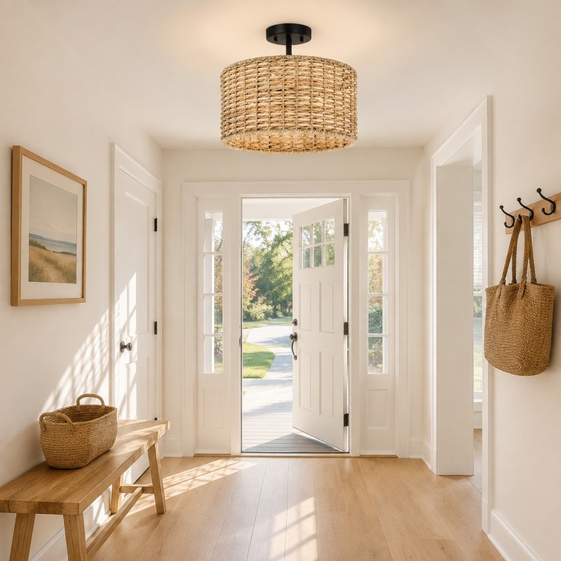 Lannister Coastal 2-Light Semi-Flush Mount Ceiling Light with Hand Woven Drum Shade for Bedroom