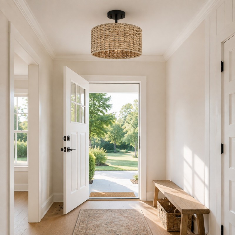 Lannister Coastal 2-Light Semi-Flush Mount Ceiling Light with Hand Woven Drum Shade for Bedroom