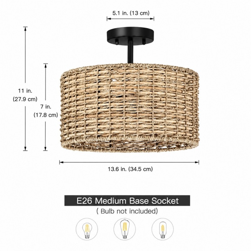 Lannister Coastal 2-Light Semi-Flush Mount Ceiling Light with Hand Woven Drum Shade for Bedroom