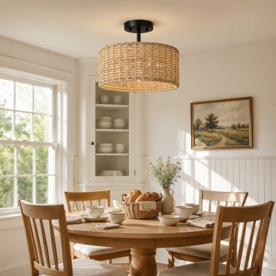 Lannister Coastal 2-Light Semi-Flush Mount Ceiling Light with Hand Woven Drum Shade for Bedroom