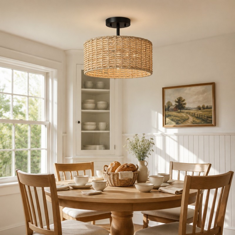 Lannister Coastal 2-Light Semi-Flush Mount Ceiling Light with Hand Woven Drum Shade for Bedroom