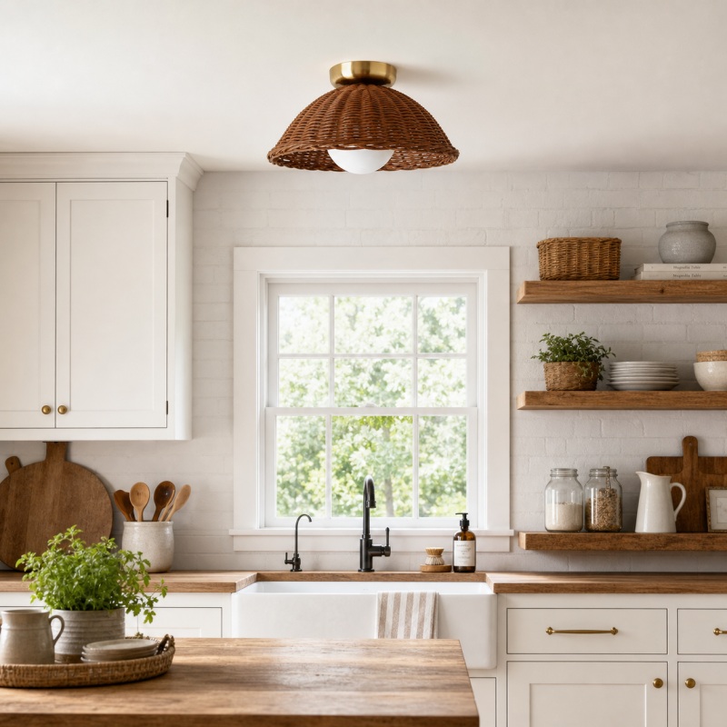 Allyson Farmhouse Rattan Flush Mount Ceiling Light