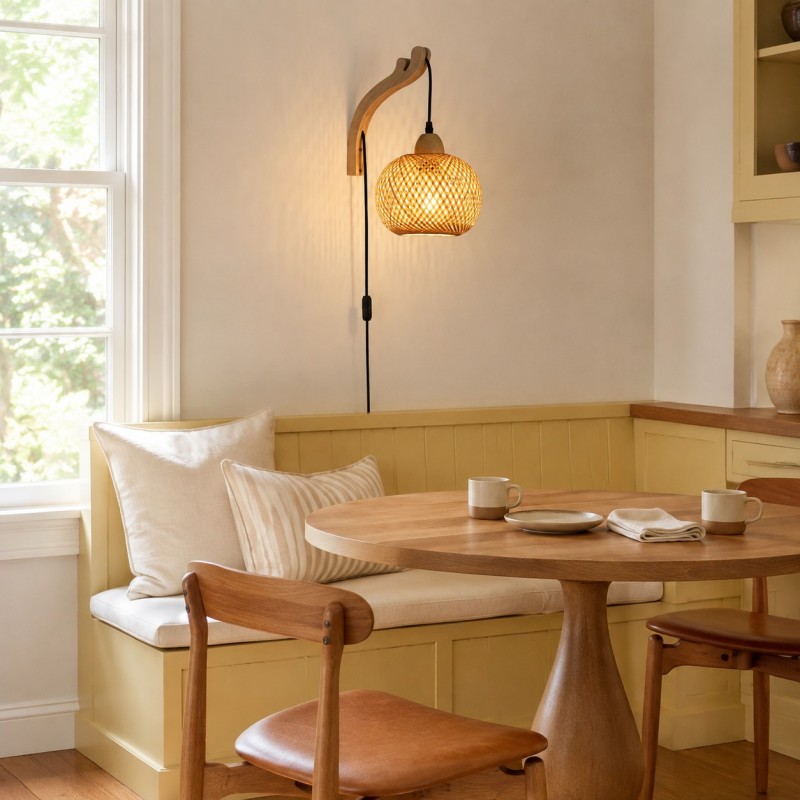 Deyron Rattan Hanging Wood Plug In Wall Mounted Lamp