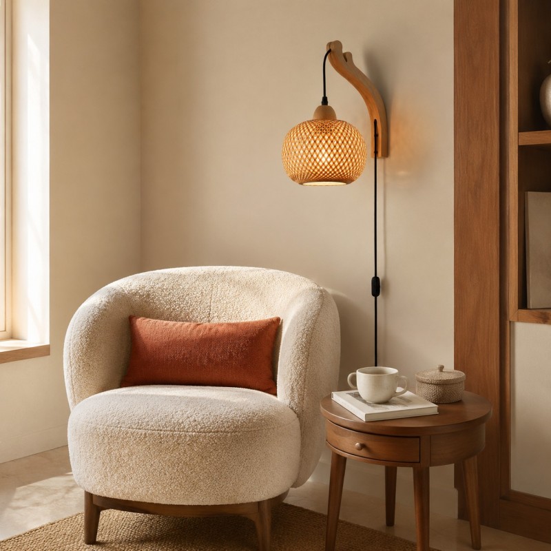 Deyron Rattan Hanging Wood Plug In Wall Mounted Lamp