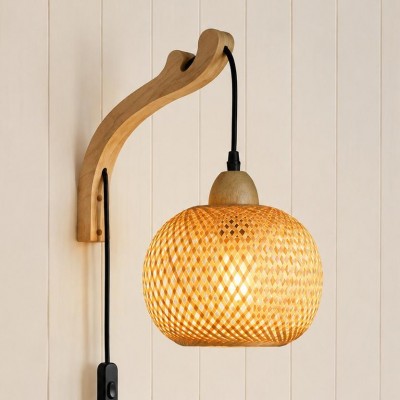 Deyron Rattan Hanging Wood Plug In Wall Mounted Lamp