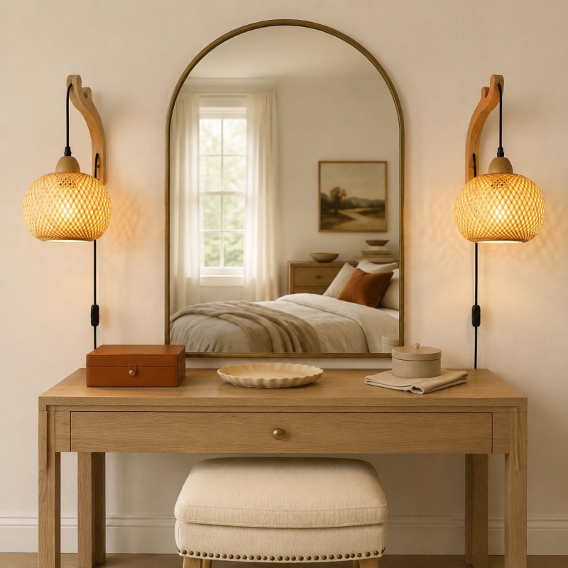 Deyron Rattan Hanging Wood Plug In Wall Mounted Lamp