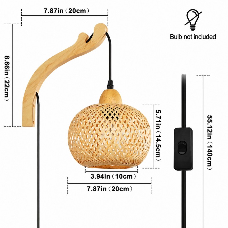 Deyron Rattan Hanging Wood Plug In Wall Mounted Lamp