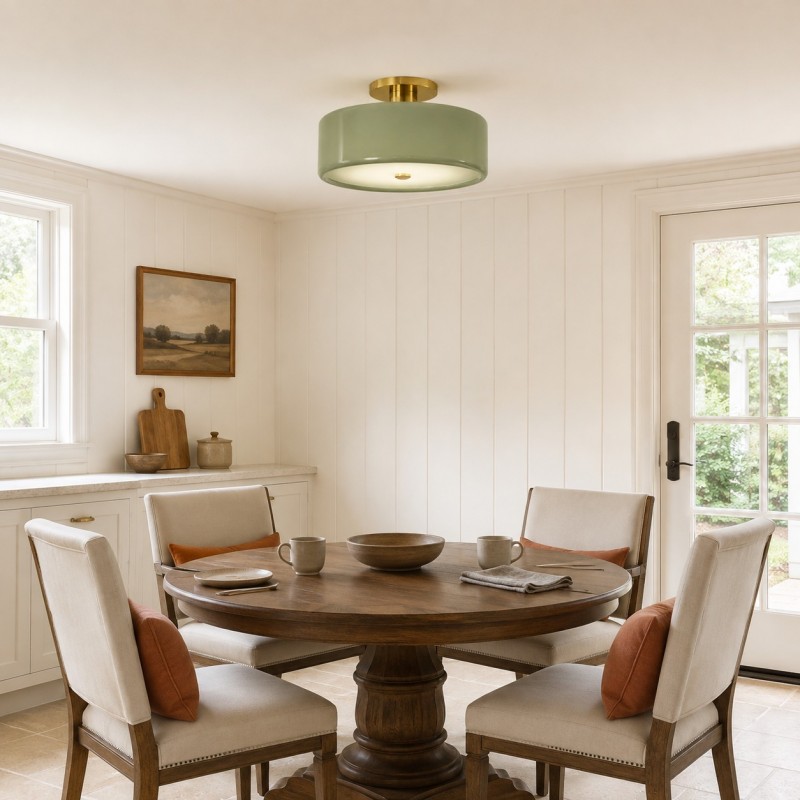 Idalie Mid-Century Modern Glass Drum Semi Flush Mount Ceiling Light
