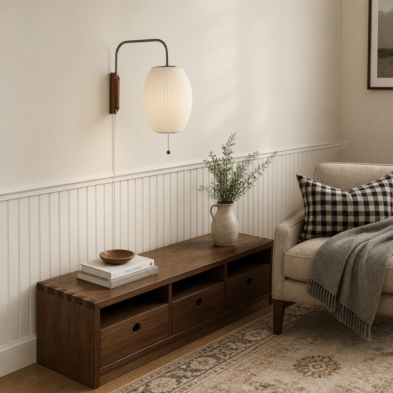 Everett Wabi Sabi Fabric Ribbed Shade Plug In Wall Sconce