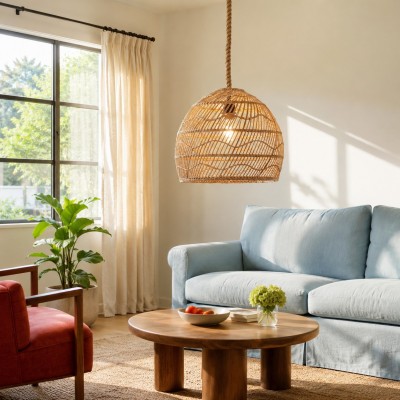 Laura Bohemian Style Bleached Rattan Pendant Light