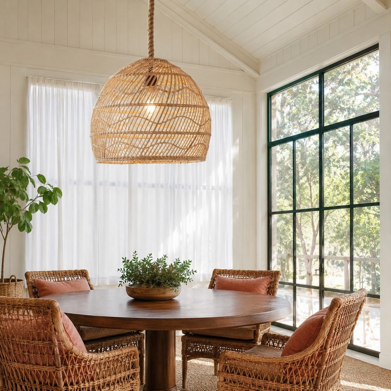 Laura Bohemian Style Bleached Rattan Pendant Light