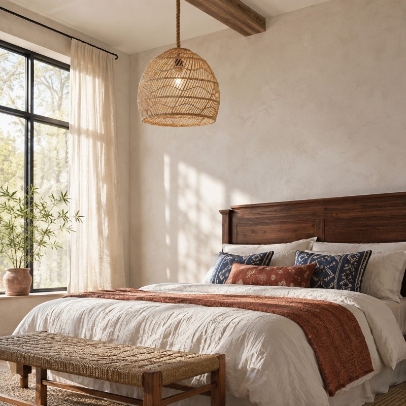 Laura Bohemian Style Bleached Rattan Pendant Light