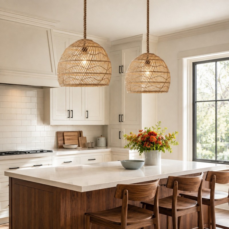 Laura Bohemian Style Bleached Rattan Pendant Light