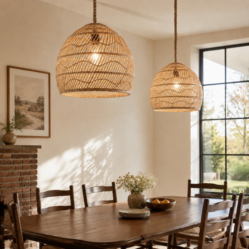 Laura Bohemian Style Bleached Rattan Pendant Light
