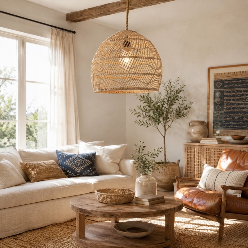 Laura Bohemian Style Bleached Rattan Pendant Light