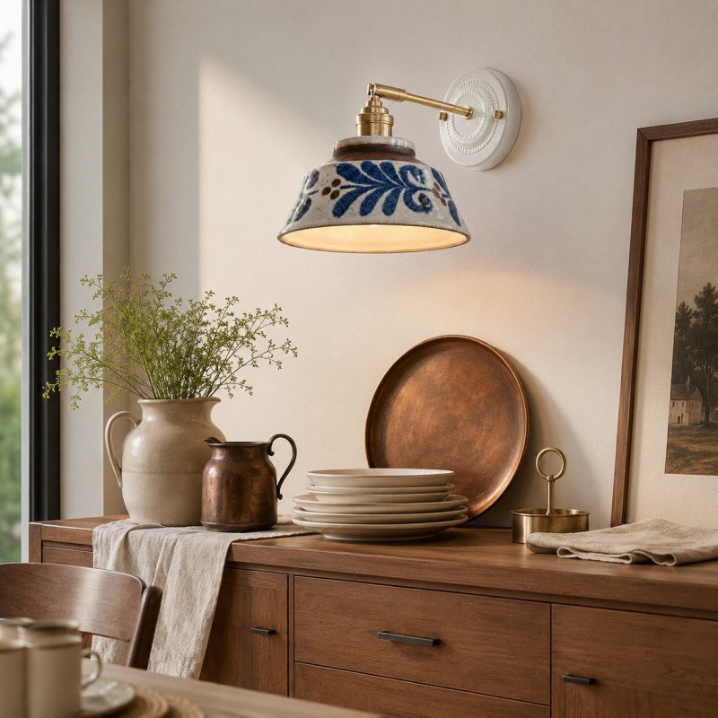 Colin Vintage Decorative Pattern Ceramic Brass Wall Sconce