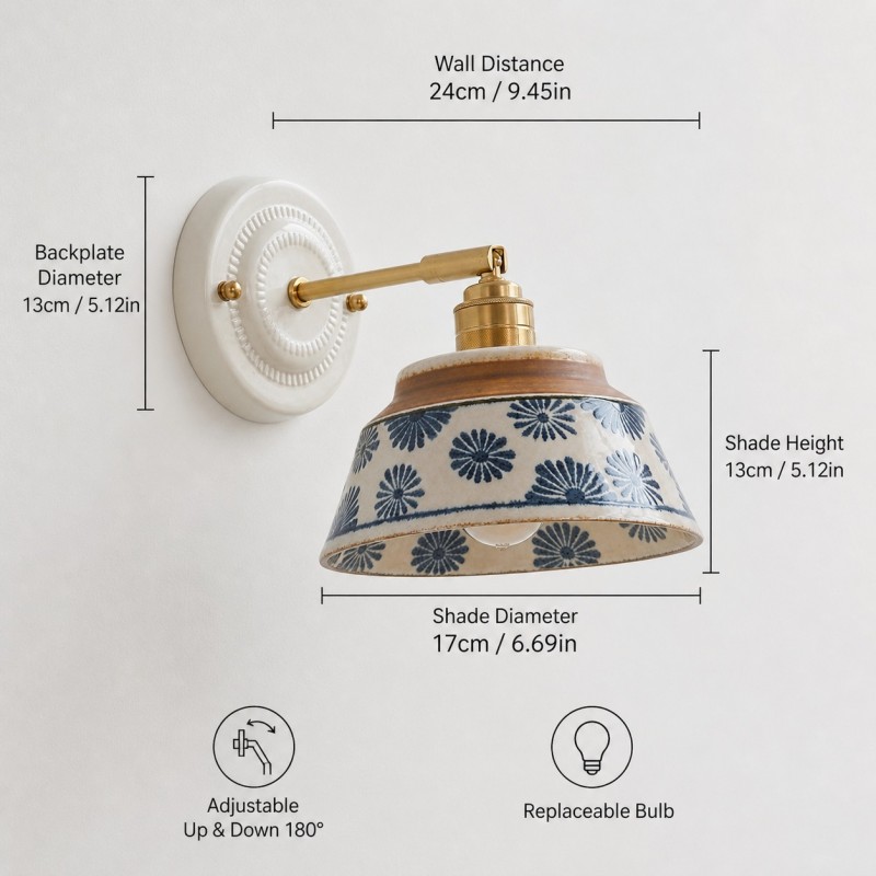 Colin Vintage Decorative Pattern Ceramic Brass Wall Sconce