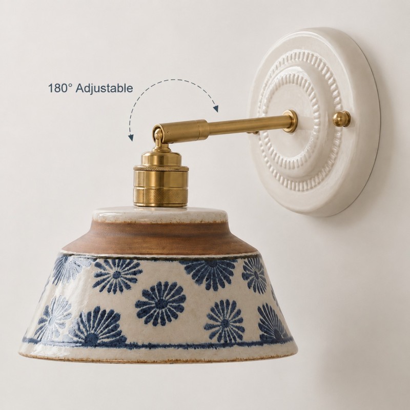 Colin Vintage Decorative Pattern Ceramic Brass Wall Sconce