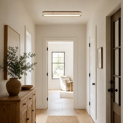Samue Travertine Wood Linear LED Flush Mount Ceiling Light