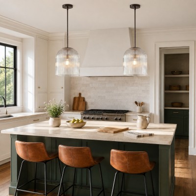 Alain Farmhouse Cooper Ribbed Glass Pendant Light For Dining Room & Kitchen