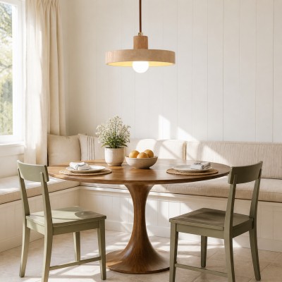 Harlow Wabi-Sabi Travertine & Wood Circular Pendant Light