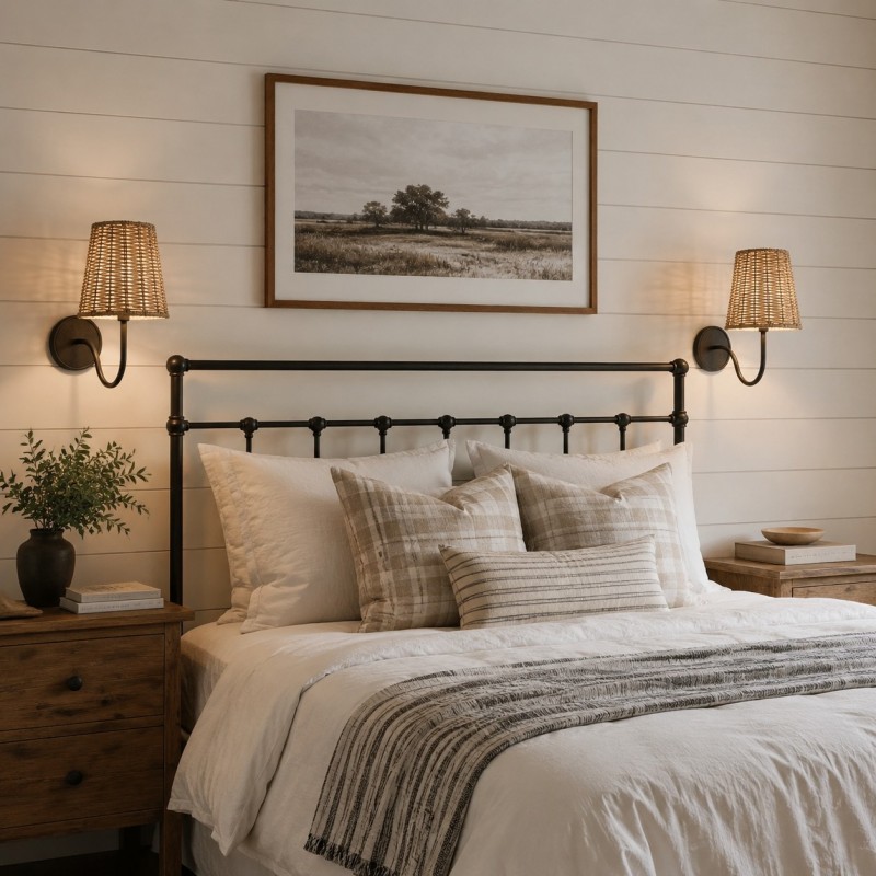 Alfred Farmhouse Rattan Brass Wall Sconce