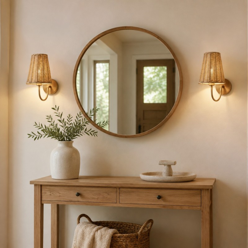 Alfred Farmhouse Rattan Brass Wall Sconce
