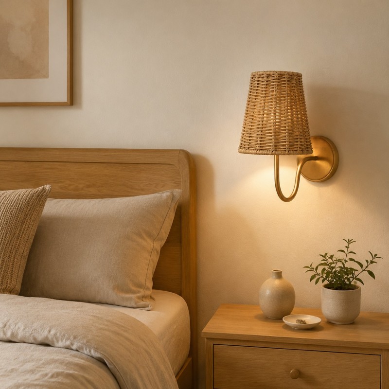 Alfred Farmhouse Rattan Brass Wall Sconce