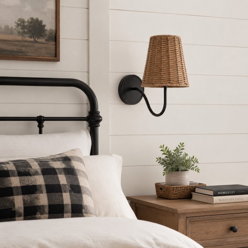 Alfred Farmhouse Rattan Brass Wall Sconce