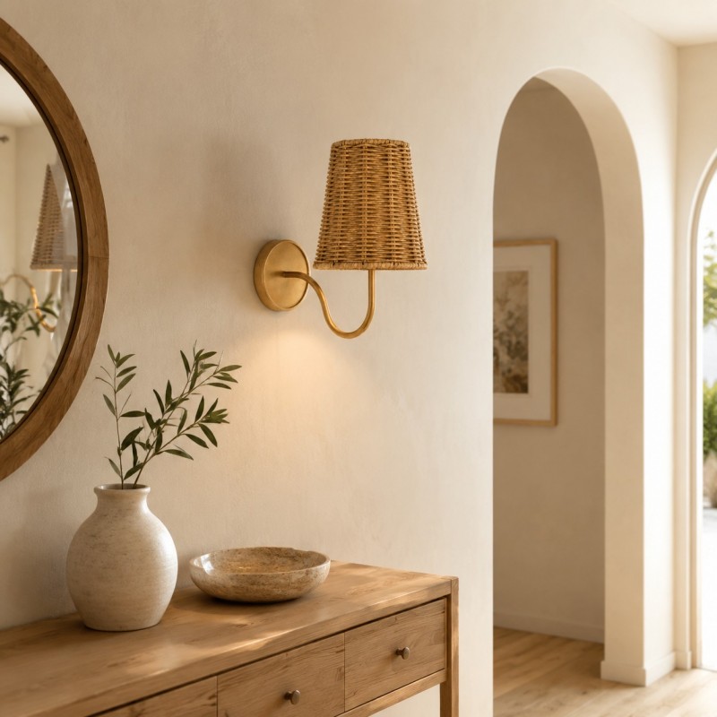 Alfred Farmhouse Rattan Brass Wall Sconce
