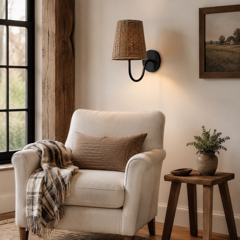 Alfred Farmhouse Rattan Brass Wall Sconce