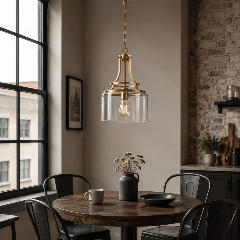Trevor Vintage Clear Cylinder Glass Brass Chain Pendant Light