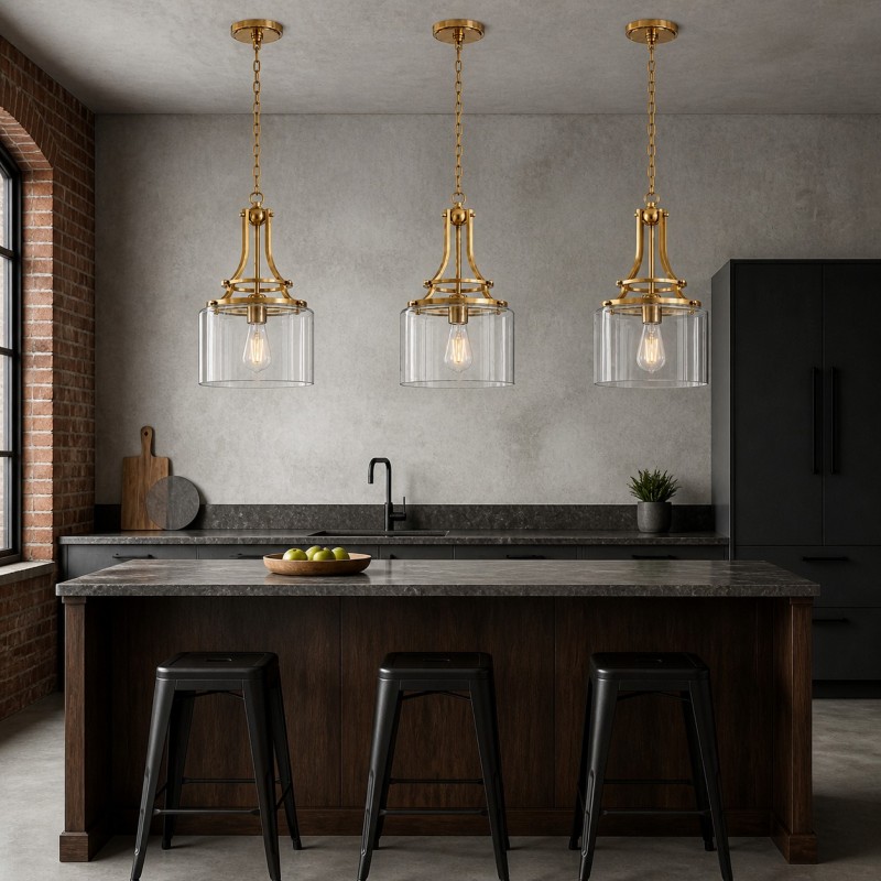 Trevor Vintage Clear Cylinder Glass Brass Chain Pendant Light