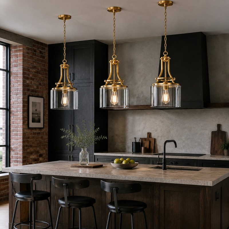 Trevor Vintage Clear Cylinder Glass Brass Chain Pendant Light