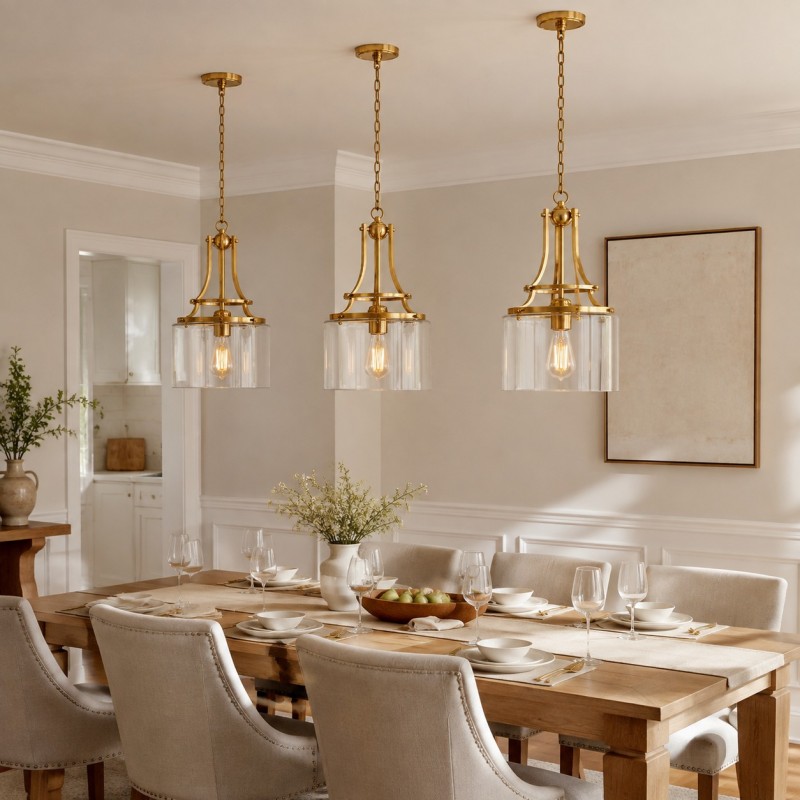 Trevor Vintage Clear Cylinder Glass Brass Chain Pendant Light