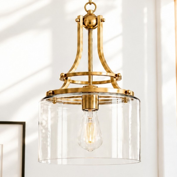 Trevor Vintage Clear Cylinder Glass Brass Chain Pendant Light