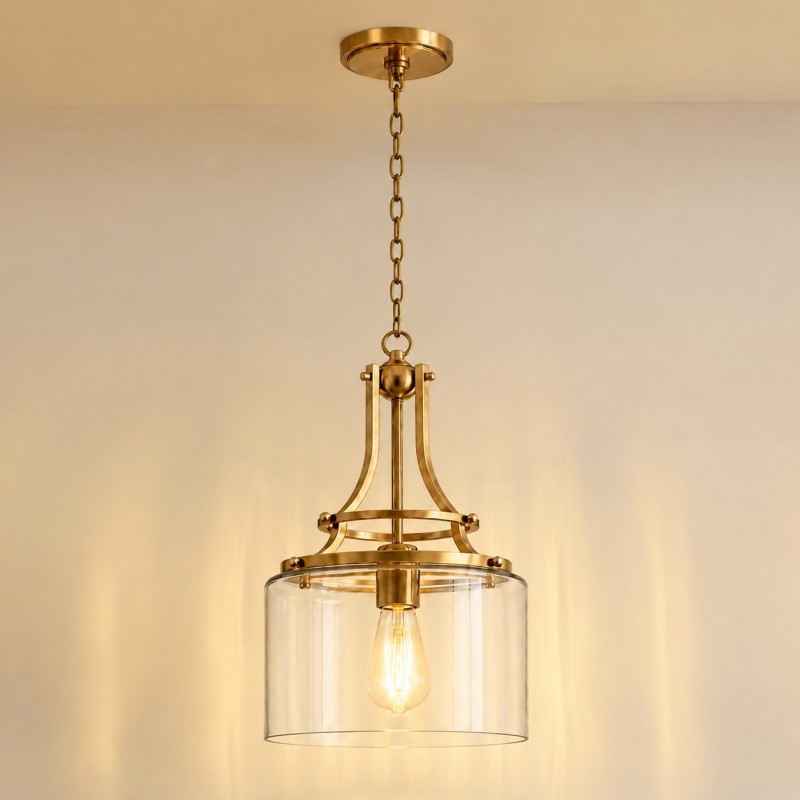 Trevor Vintage Clear Cylinder Glass Brass Chain Pendant Light