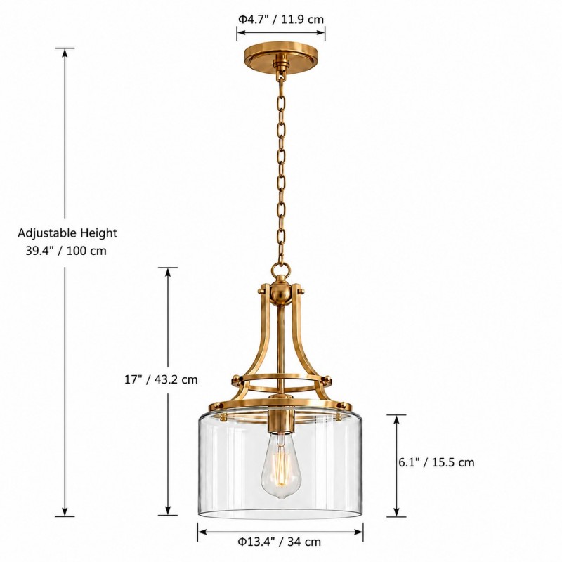 Trevor Vintage Clear Cylinder Glass Brass Chain Pendant Light