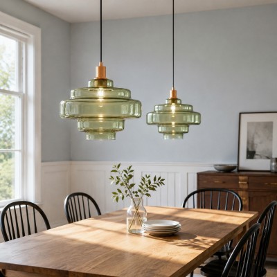 Yves Contemporary Tiered Green Glass Pendant Light