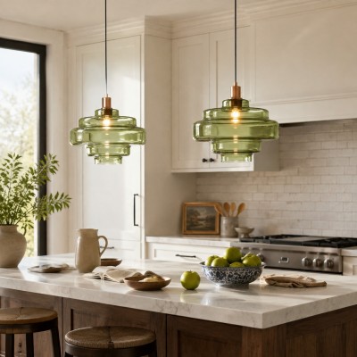 Yves Contemporary Tiered Green Glass Pendant Light