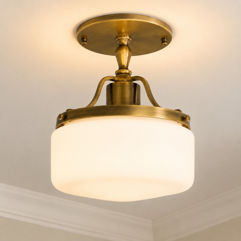 Atlas Vintage Milky Glass Semi Flush Mount Metal Ceiling Light