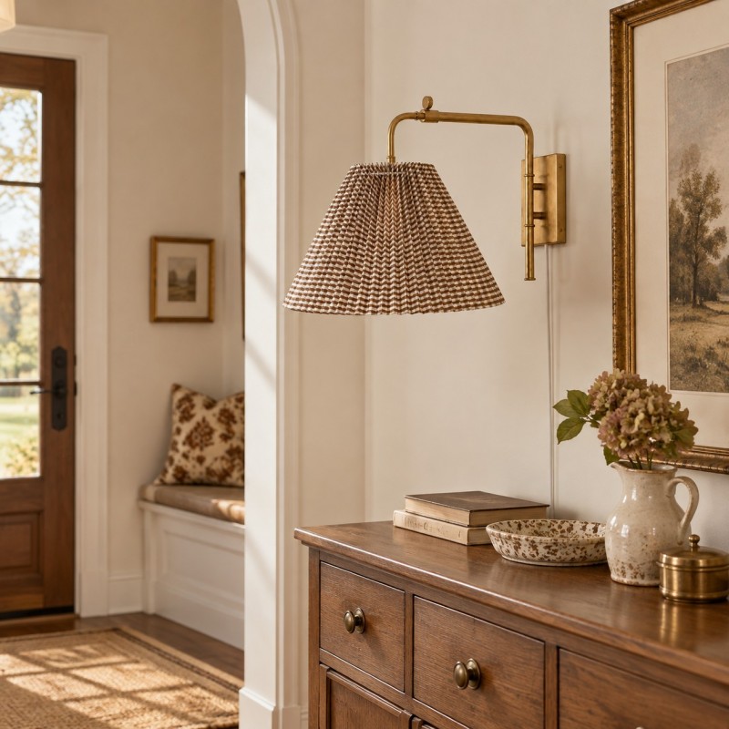 Blaine Vintage Gingham Pleated Fabric Wall Lamp