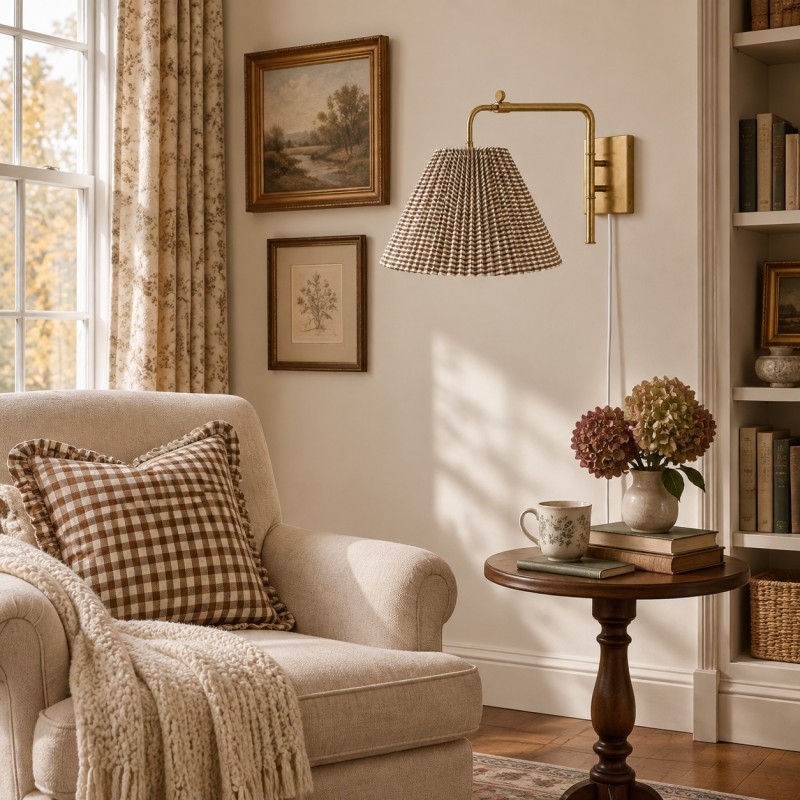Blaine Vintage Gingham Pleated Fabric Wall Lamp