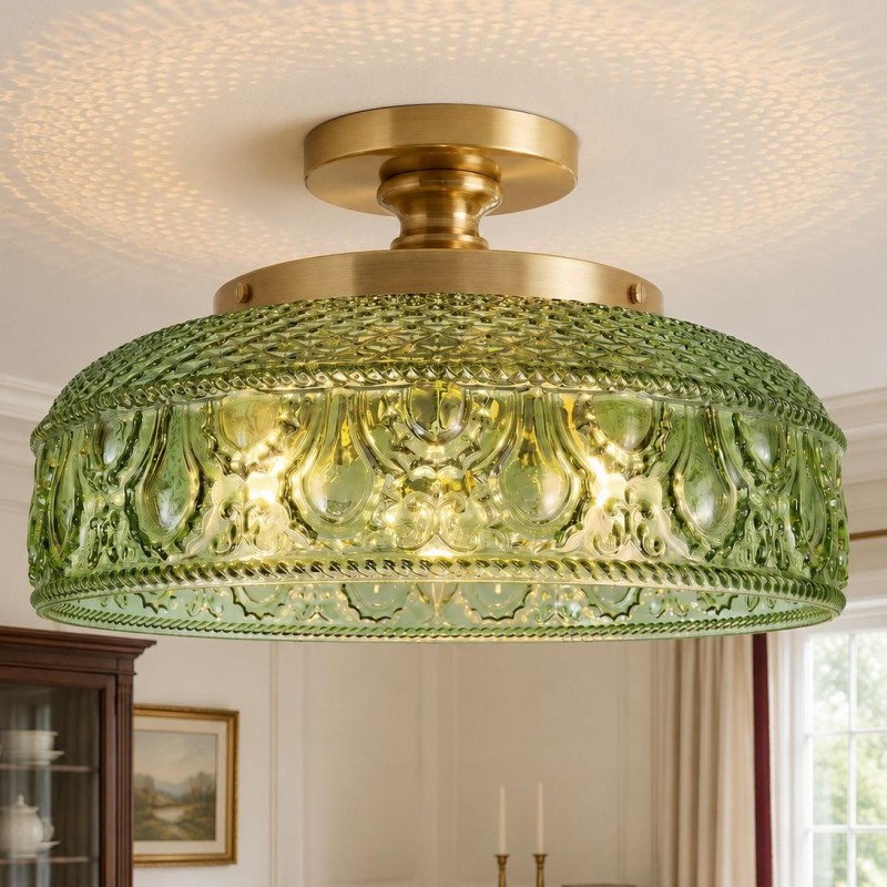 Santos Vintage Hand Carved Floral Clear Glass Semi Flush Mount Ceiling Light