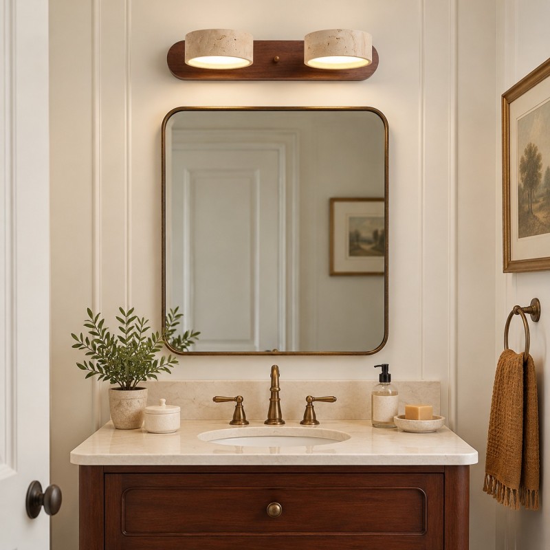 Benjamin Rustic Adjustable Travertine Wood Led Vanity Sconce